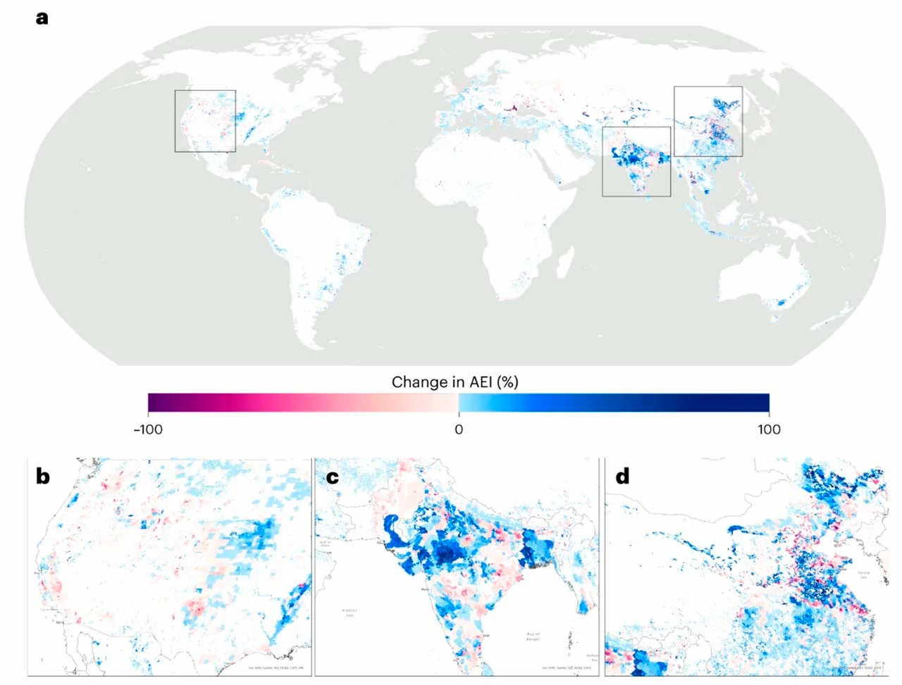 Cambios globales en el área global equipada para riego (AEI) de 2000 a 2015 / Mapa: NW