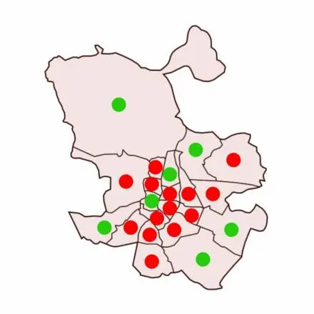 En rojo los distritos que pierden arbolado, en verde los que ganan.