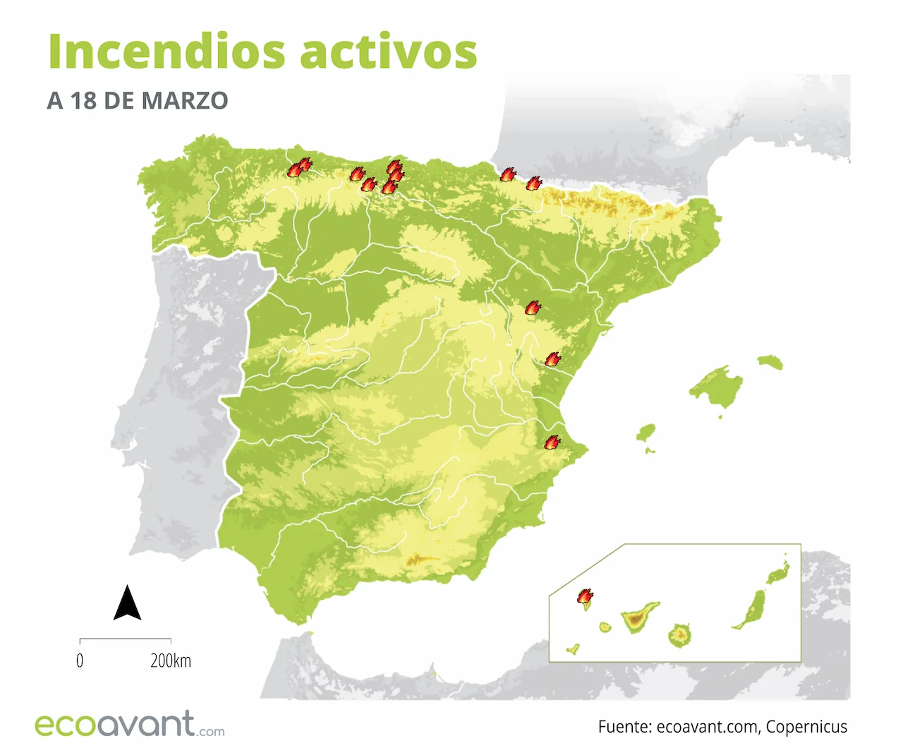 Mapa de los incendios forestales activos a 18 de marzo de 2024 / Image: EA Mapa de los incendios forestales activos a 18 de marzo de 2024 / Image: EA