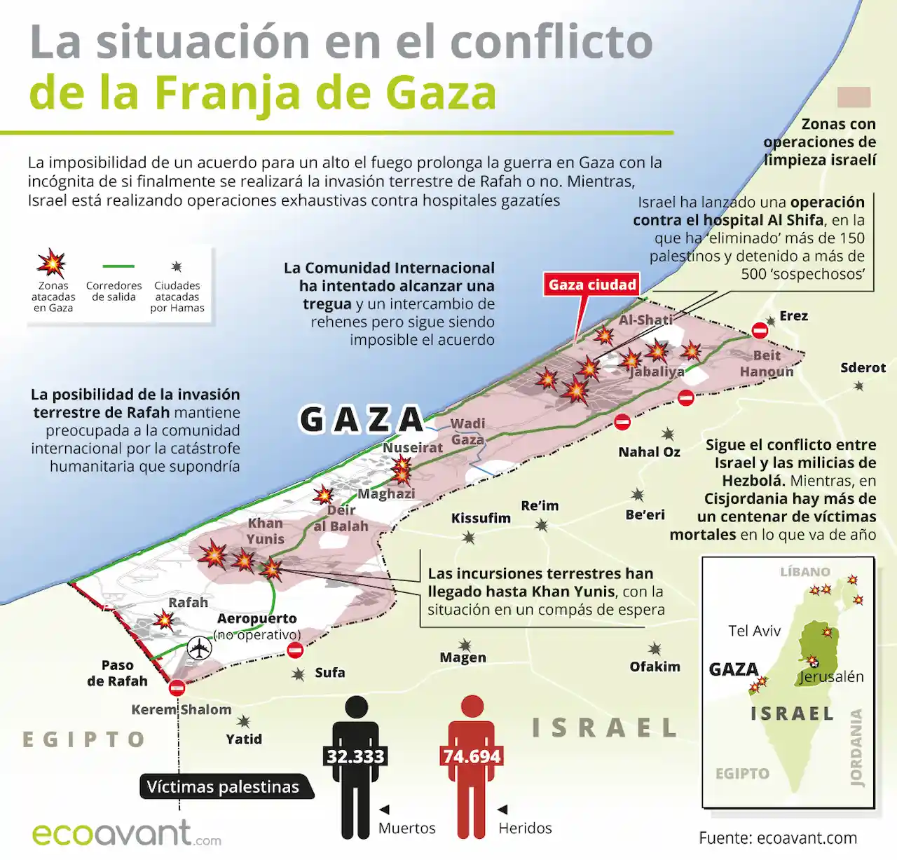 La situación en la ofensiva militar de Israel en Gaza a 25 de marzo de 2024 / Mapa: EA