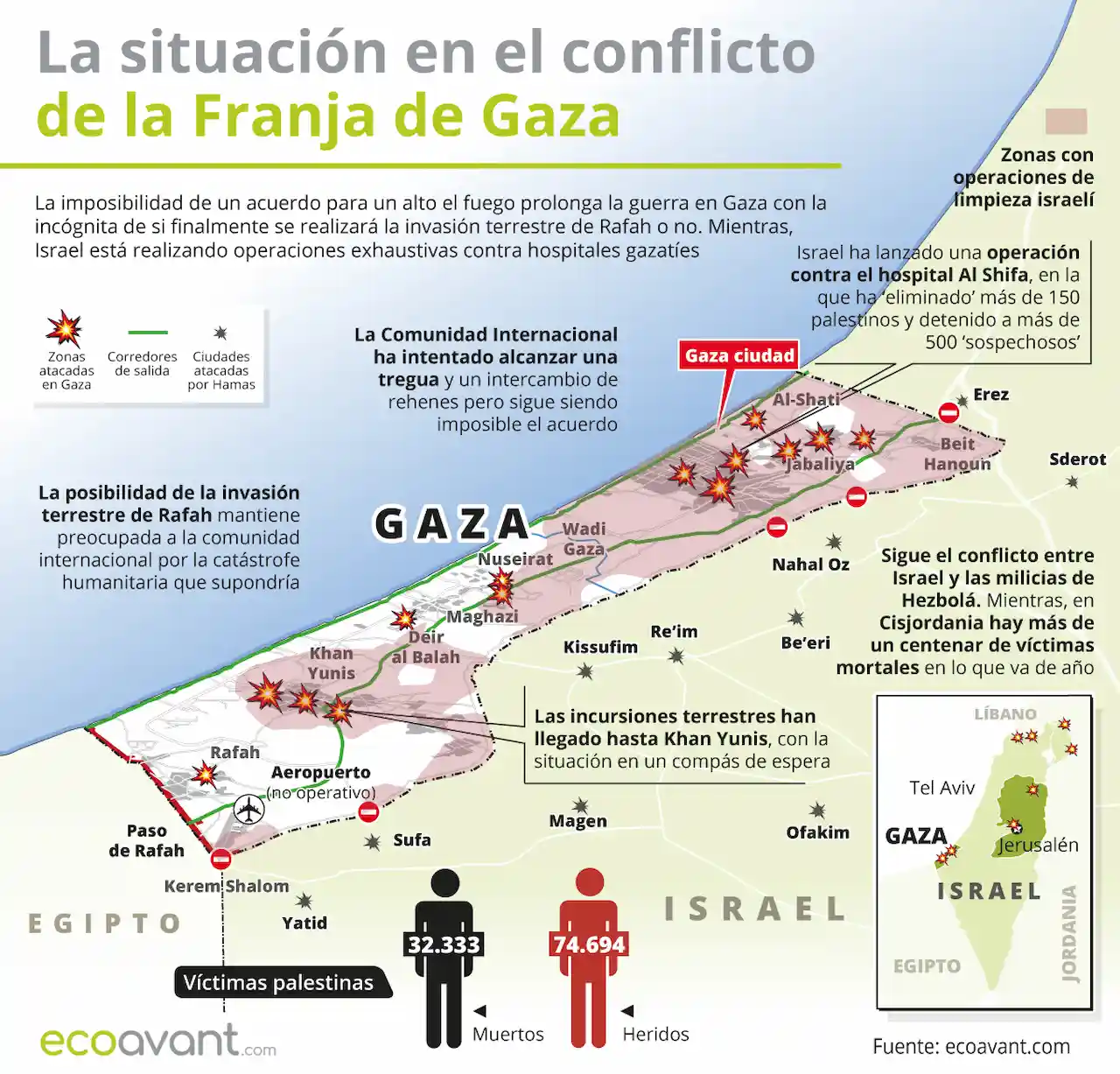 La situación en la ofensiva militar de Israel en Gaza a 25 de marzo de 2024 / Mapa: EA La situación en la ofensiva militar de Israel en Gaza a 25 de marzo de 2024 / Mapa: EA