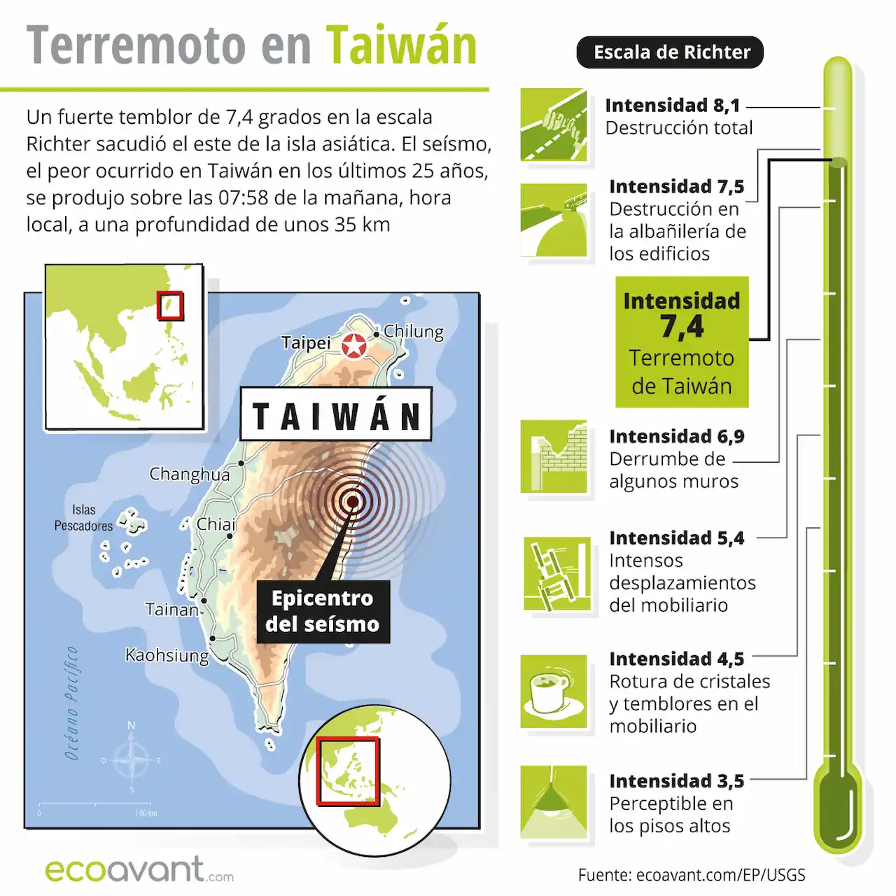 Mapa del terremoto en Taiwán / Infografía: EA Mapa del terremoto en Taiwán / Infografía: EA