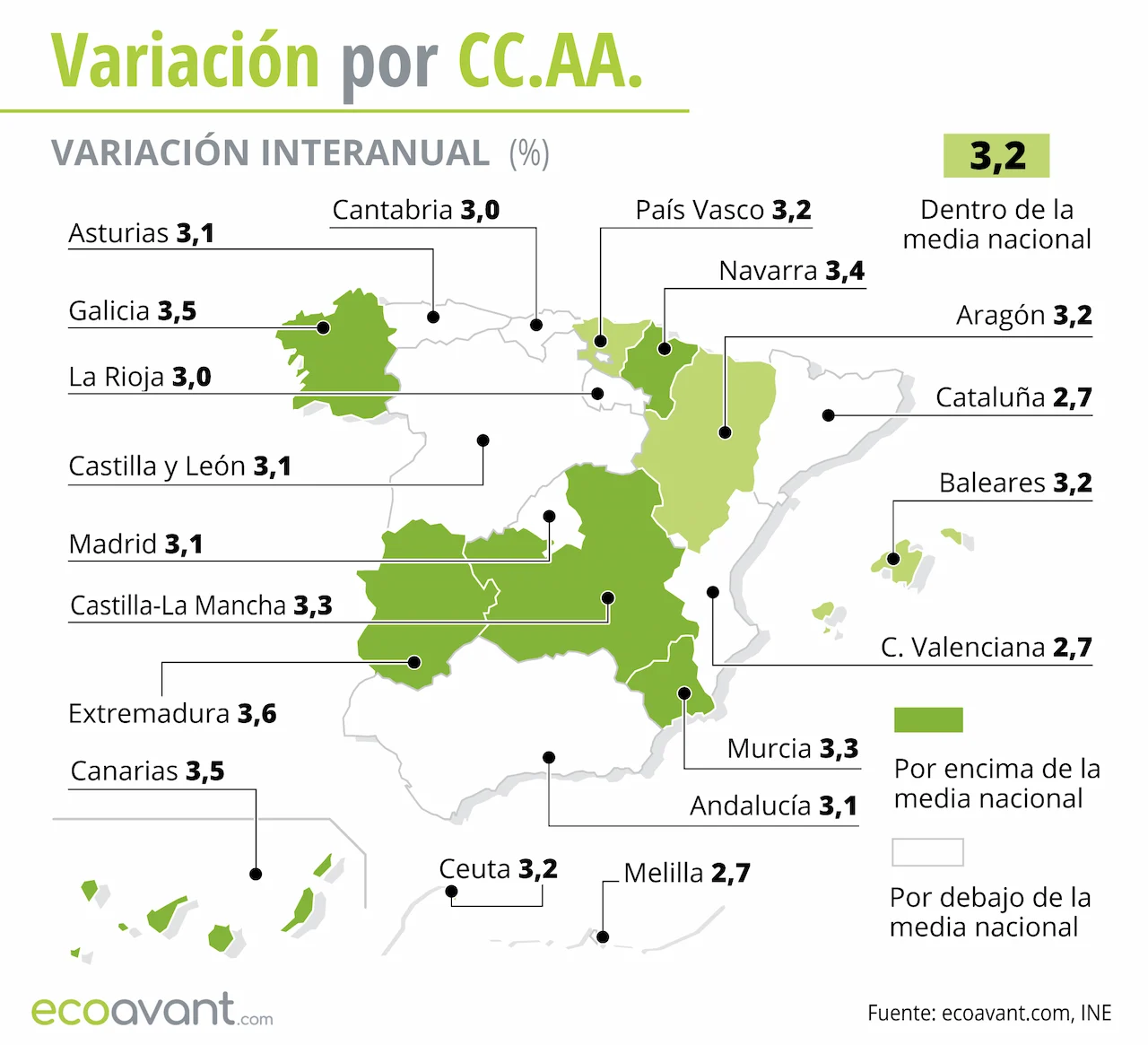 Variación interanual del IPC por CCAA hasta marzo de 2024 / Mapa: EA