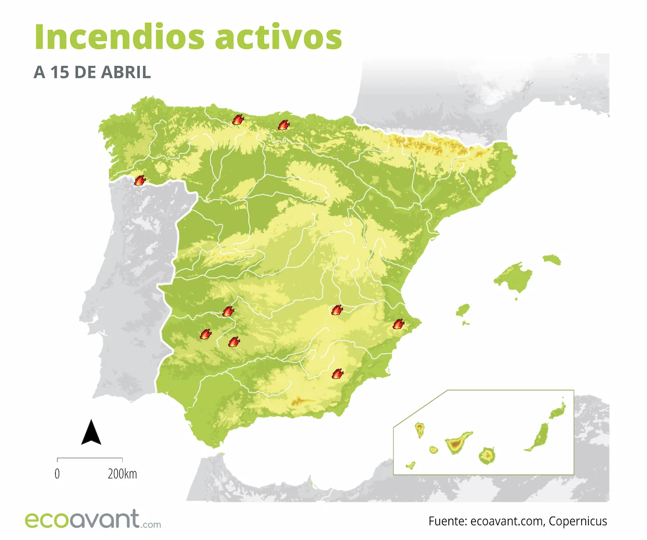 Mapa de los incendios forestales activos a 15 de abril de 2024 / Imagen: EA Mapa de los incendios forestales activos a 15 de abril de 2024 / Imagen: EA