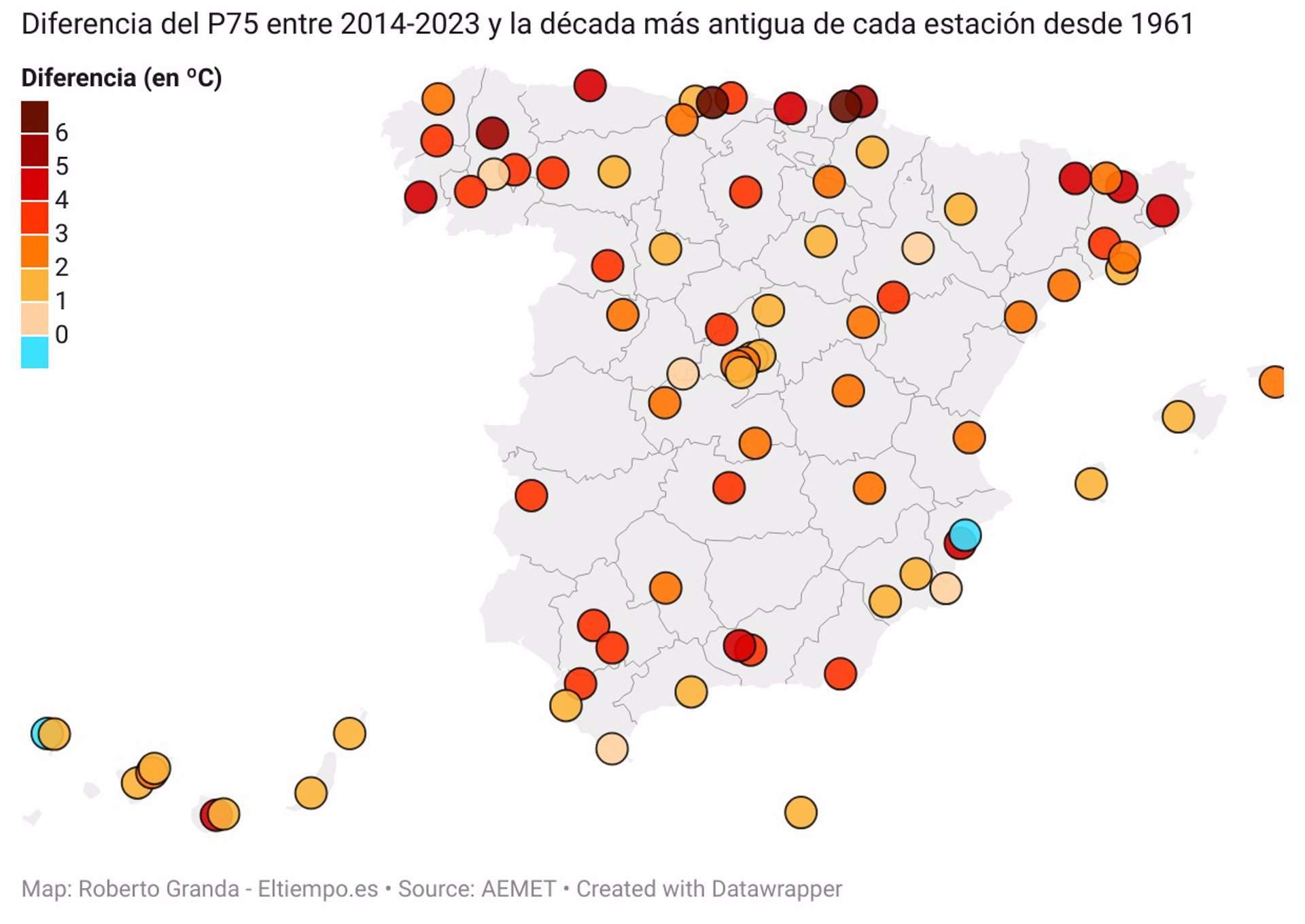 España registra un aumento de 2,5ºC en el umbral de día cálido en abril / Mapa: EP - ElTiempo