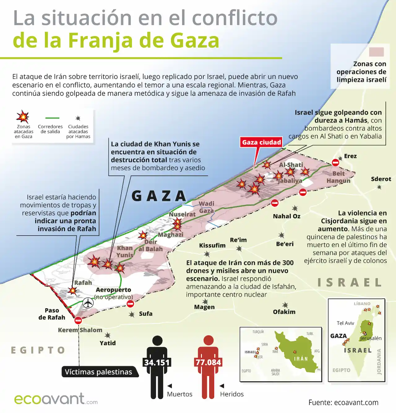 La situación en la ofensiva militar de Israel en Gaza a 22 de abril de 2024 / Mapa: EA