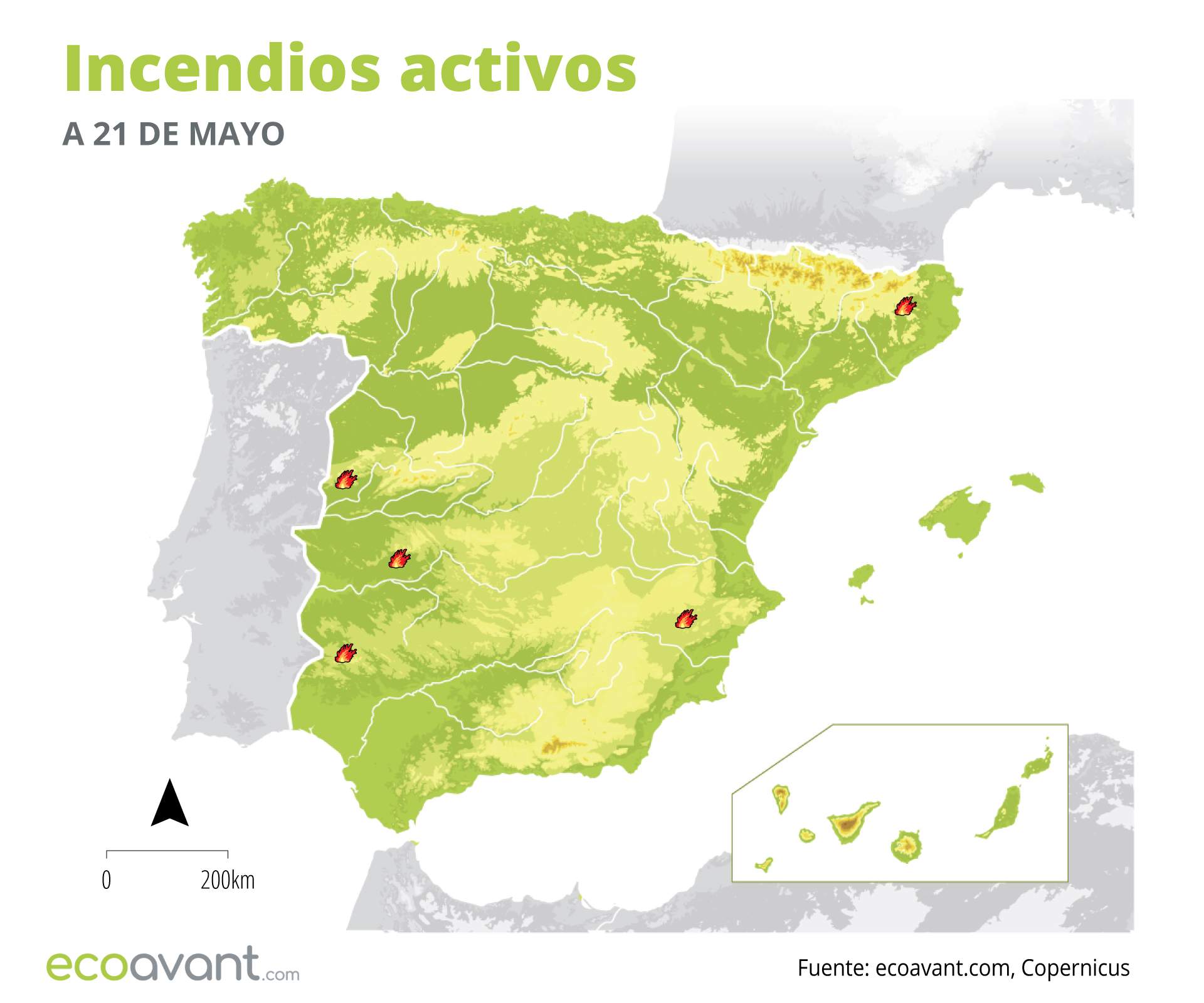 Mapa de los incendios forestales activos a 21 de mayo 2024 / Foto: EP Mapa de los incendios forestales activos a 21 de mayo 2024 / Foto: EP