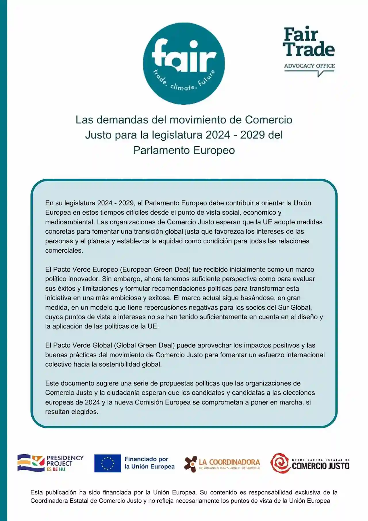 Demandas de la Coordinadora Estatal de Comercio Justo para el futuro Parlamento Europeo / Imagen: CECJ