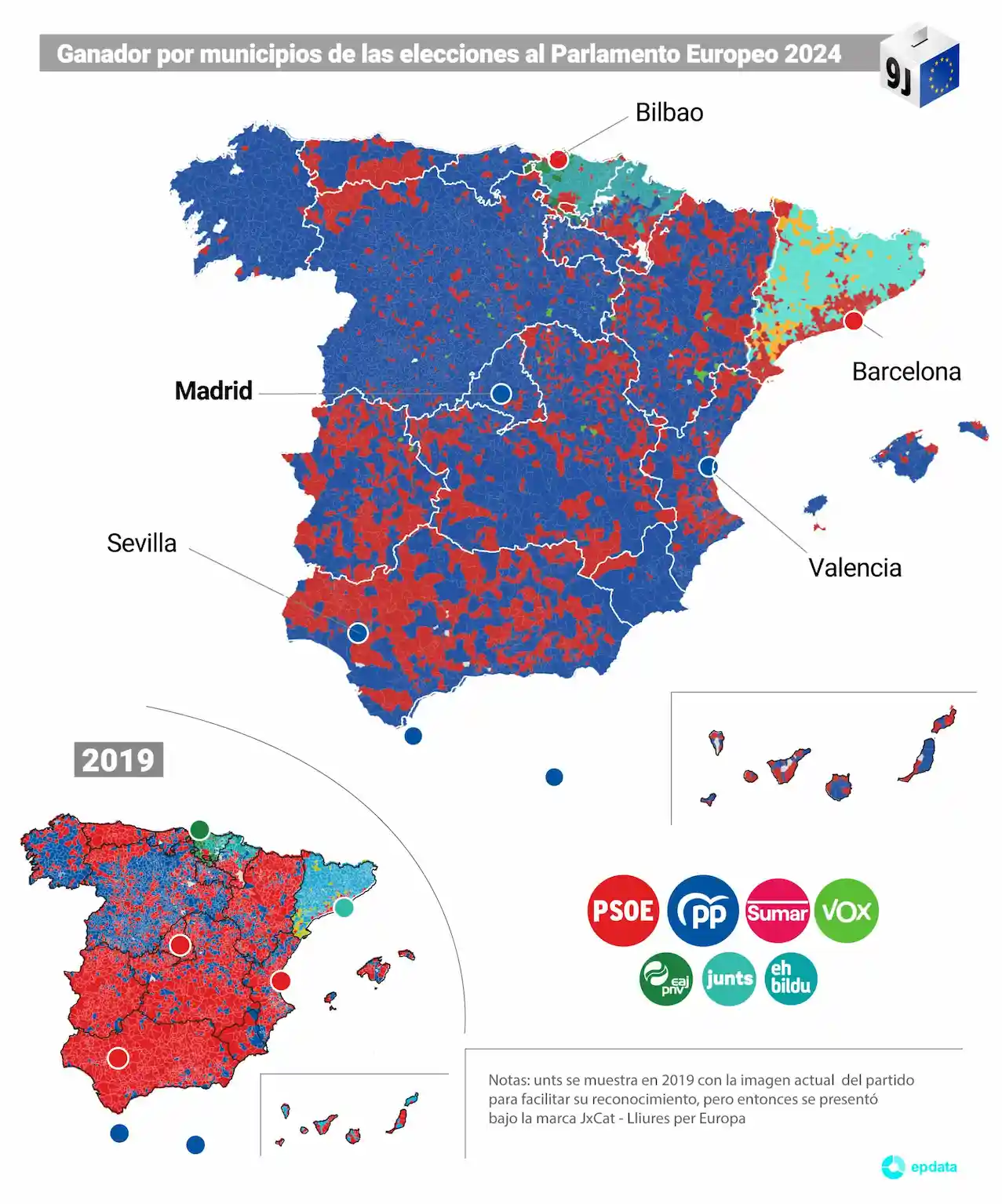 Ganador por municipios de las elecciones al Parlamento Europeo 2024 / Imagen: EP Ganador por municipios de las elecciones al Parlamento Europeo 2024 / Imagen: EP
