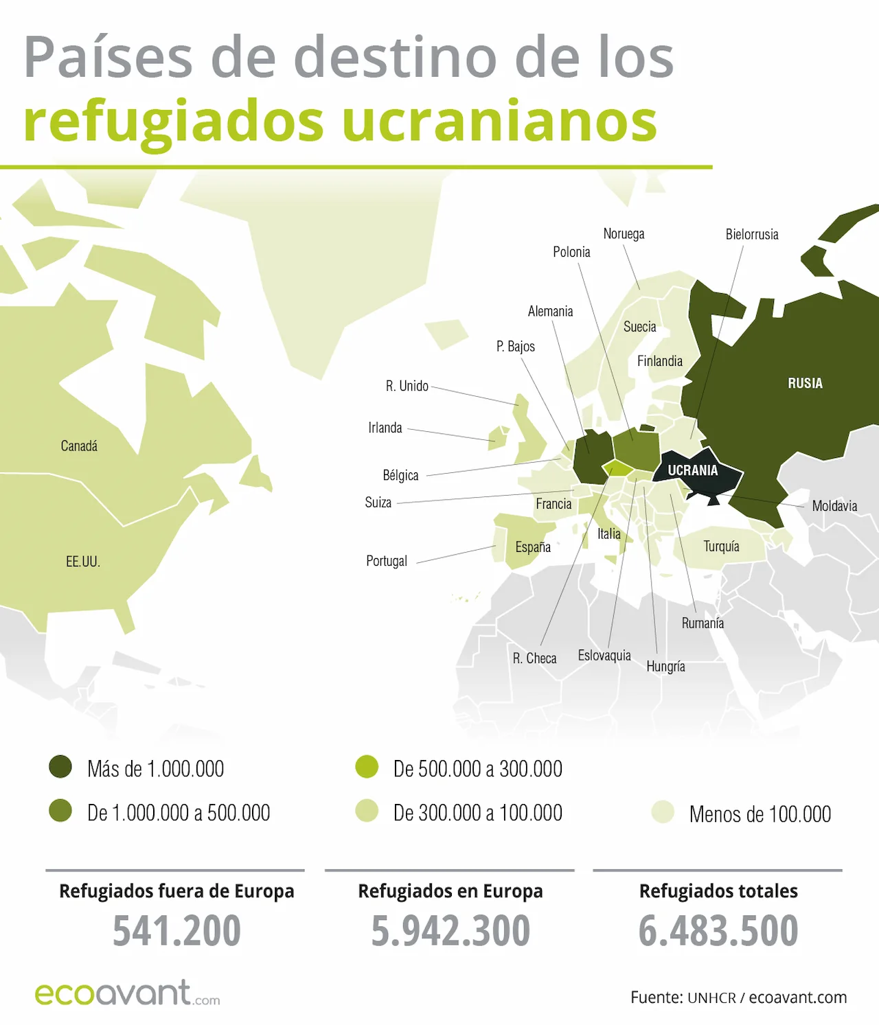 Países de destinos de los refugiados ucranianos a 13 de junio de 2024 / Mapa: EA Países de destinos de los refugiados ucranianos a 13 de junio de 2024 / Mapa: EA