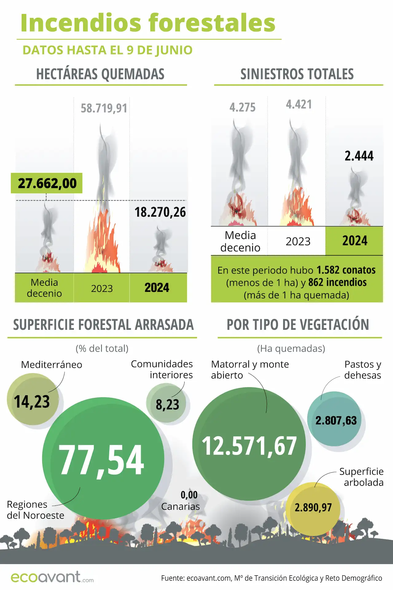 Incendios forestales en España en datos hasta el 9 de junio de 2024 / Infografía: EA Incendios forestales en España en datos hasta el 9 de junio de 2024 / Infografía: EA