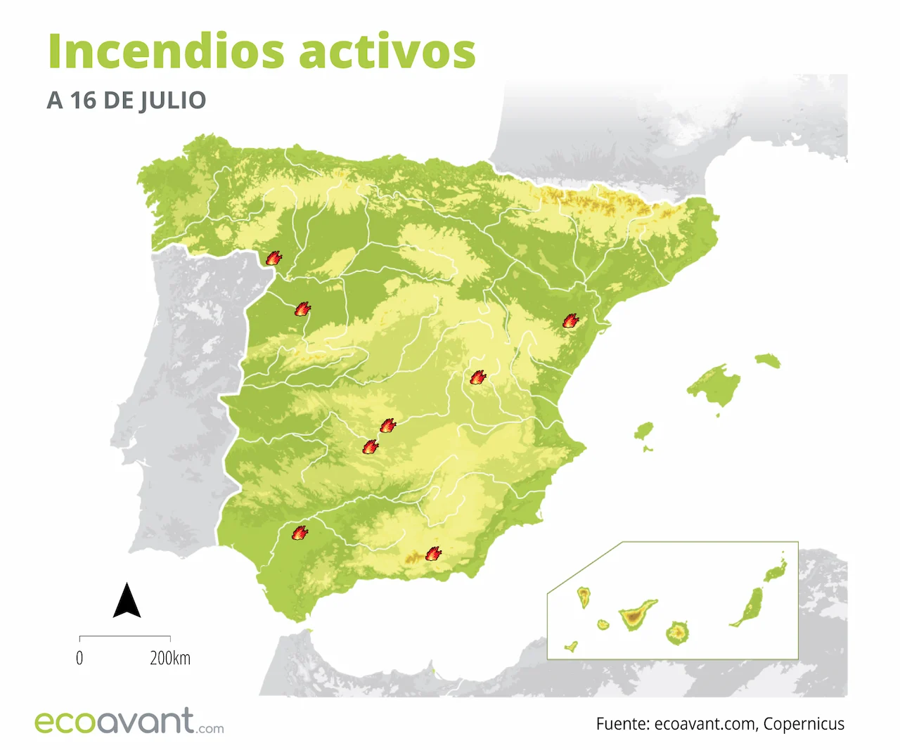 Mapa de los incendios forestales activos a 16 de julio de 2024 / Imagen: EA Mapa de los incendios forestales activos a 16 de julio de 2024 / Imagen: EA