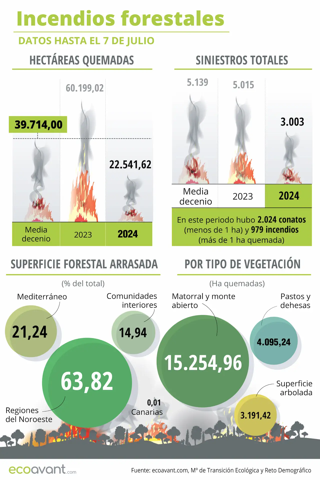 Incendios forestales en España en datos hasta el 7 de julio de 2024 / Infografía: EA Incendios forestales en España en datos hasta el 7 de julio de 2024 / Infografía: EA