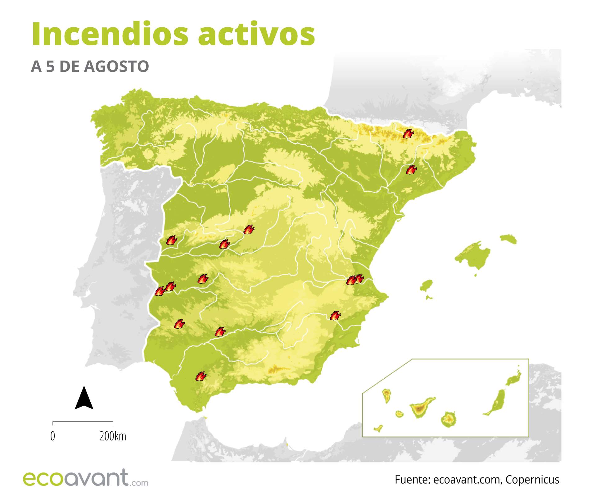 Mapa de los incendios forestales activos a 5 de agosto de 2024 / Imagen: EA Mapa de los incendios forestales activos a 5 de agosto de 2024 / Imagen: EA