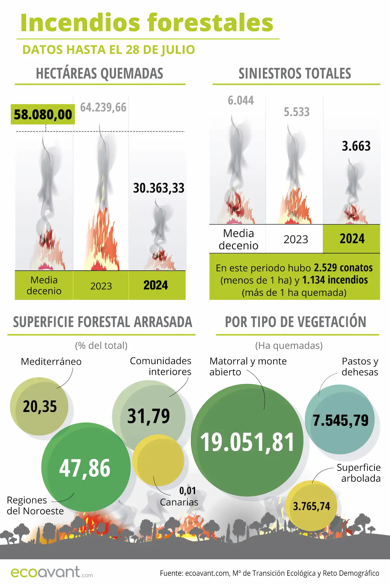 Incendios forestales en España en datos hasta el 28 de julio de 2024 / Infografía: EA Incendios forestales en España en datos hasta el 28 de julio de 2024 / Infografía: EA