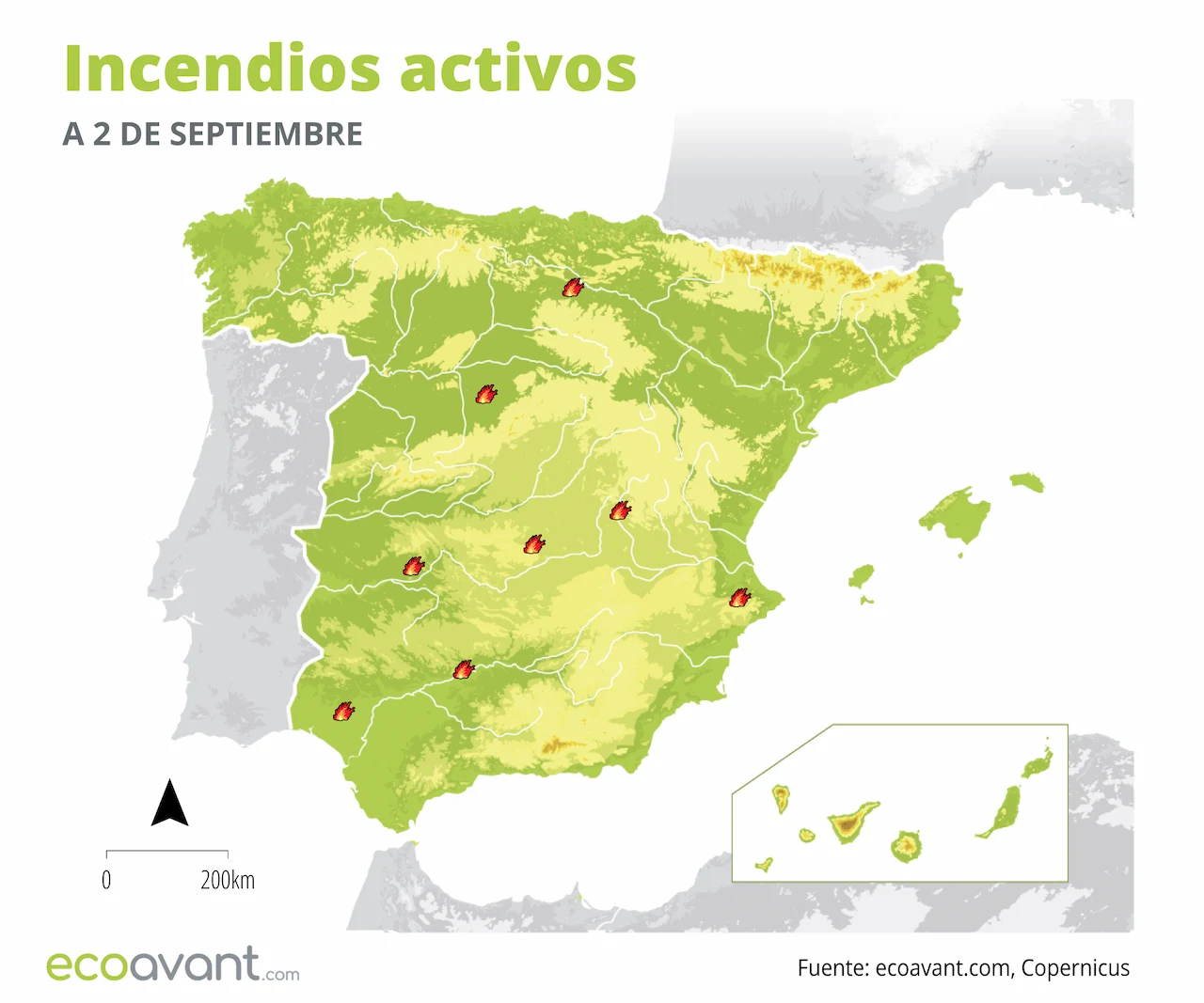 Mapa de los incendios forestales activos a 2 de septiembre de 2024 / Imagen: EA Mapa de los incendios forestales activos a 2 de septiembre de 2024 / Imagen: EA