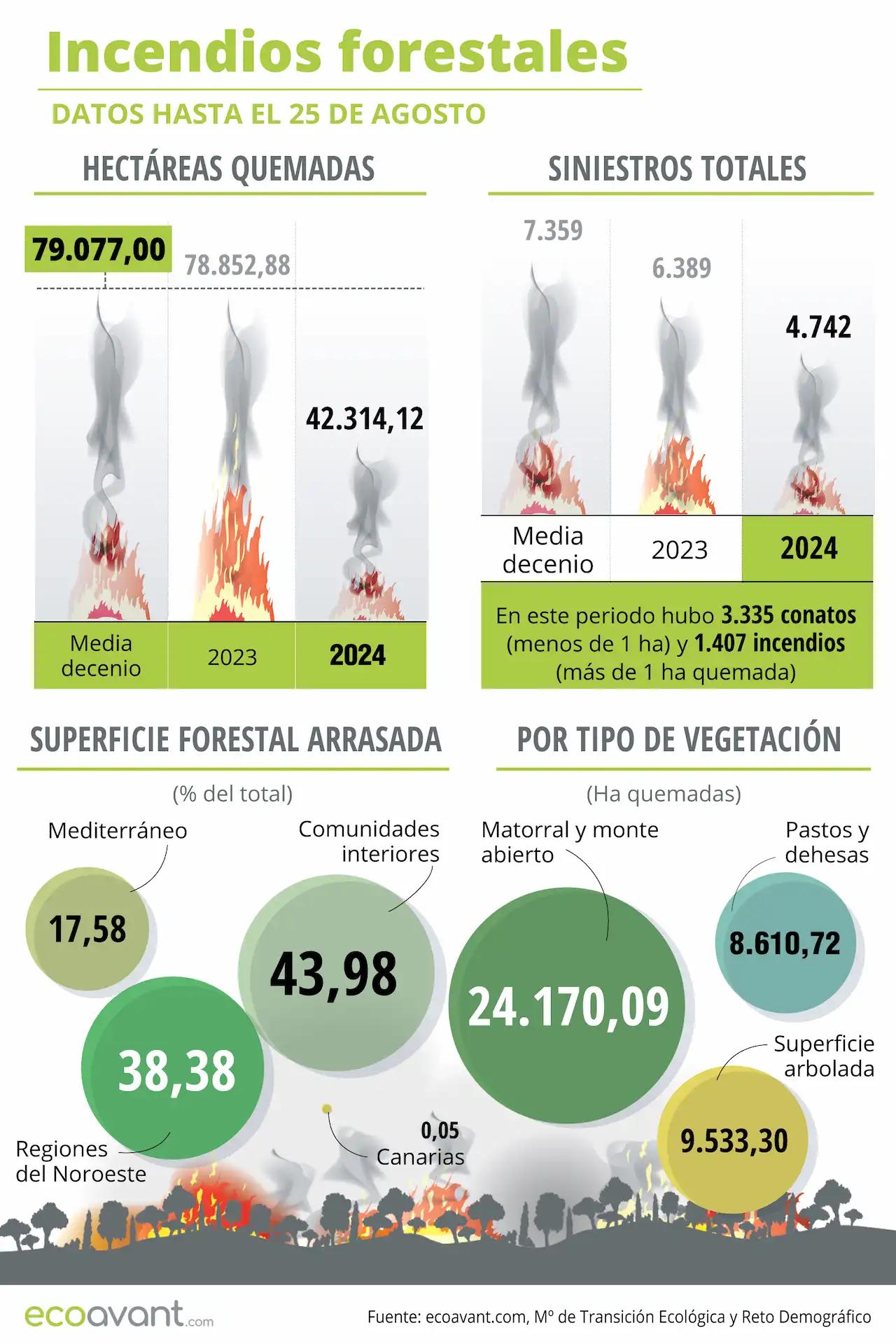 Incendios forestales en España en datos hasta el 25 de agosto de 2024 / Infografía: EA Incendios forestales en España en datos hasta el 25 de agosto de 2024 / Infografía: EA