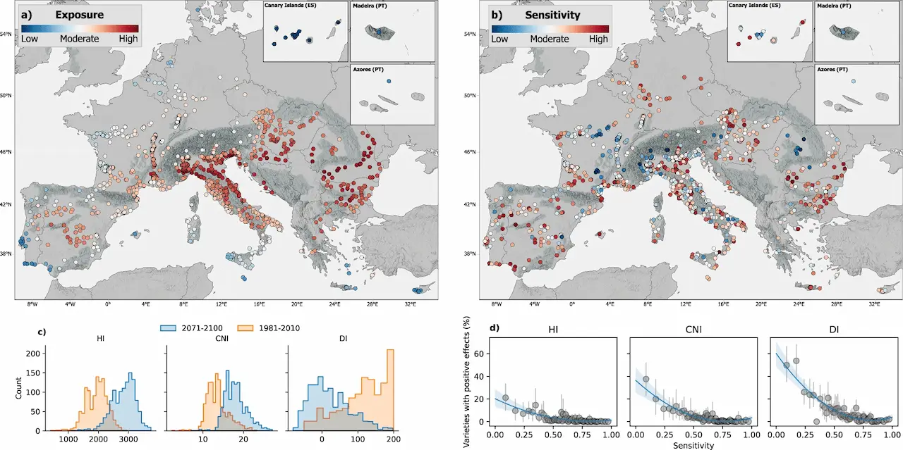 Exposición y sensibilidad al cambio climático de la Indicación Geográfica (IG) de vino europeo / Mapas: 'Nature Communications' Exposición y sensibilidad al cambio climático de la Indicación Geográfica (IG) de vino europeo / Mapas: 'Nature Communications'