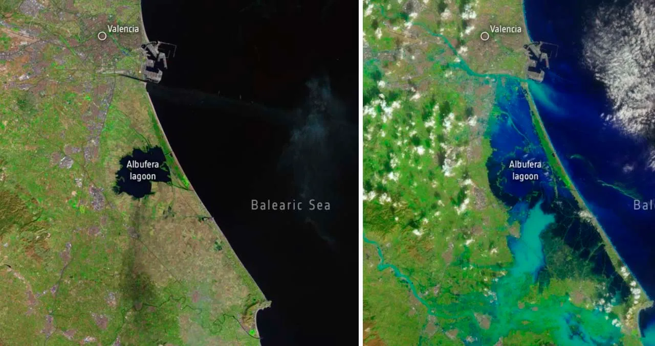 Imágenes del satélite Landsat 8 ilustran la magnitud del desastre, con imágenes del 8 y 30 de octubre / Imagen: ESA Imágenes del satélite Landsat 8 ilustran la magnitud del desastre, con imágenes del 8 y 30 de octubre / Imagen: ESA