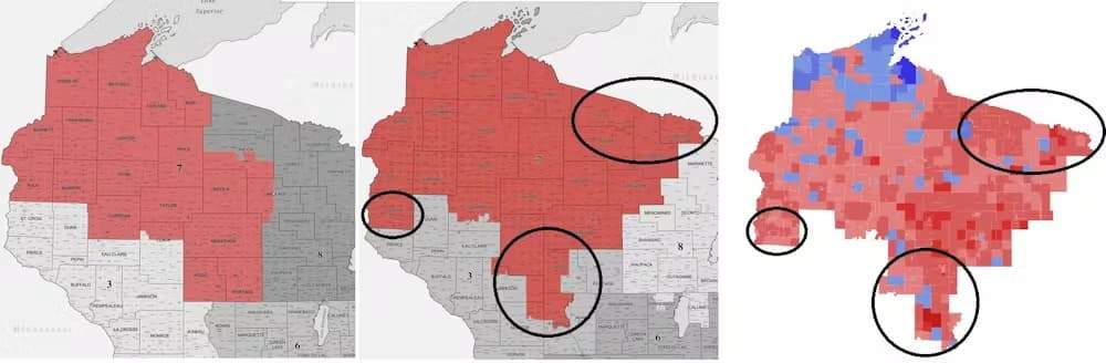 Figura 2. Cambios en el Distrito Congresional 7 de Wisconsin tras el censo de 2010. A la izquierda los resultados de las elecciones a la Cámara en 2012. Las zonas de rojo votaron por el partido republicano y las azules por el demócrata. Elaboración propia. Figura 2. Cambios en el Distrito Congresional 7 de Wisconsin tras el censo de 2010. A la izquierda los resultados de las elecciones a la Cámara en 2012. Las zonas de rojo votaron por el partido republicano y las azules por el demócrata. Elaboración propia.