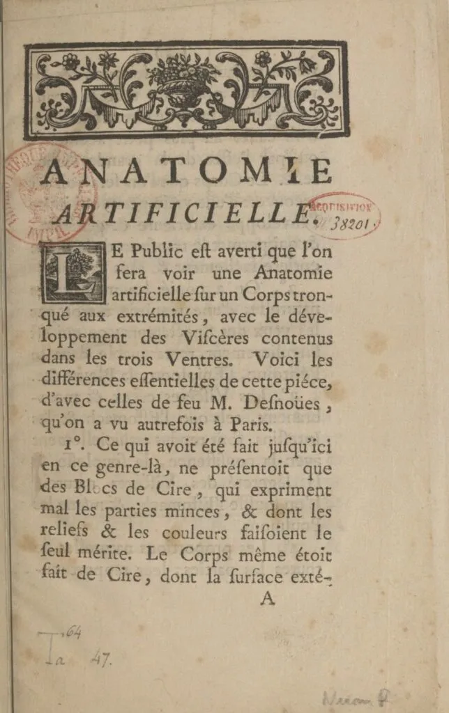 Marie-Marguerite Biheron, Anatomie artificielle, P. A. Le Prieur, 1761. Marie-Marguerite Biheron, Anatomie artificielle, P. A. Le Prieur, 1761.