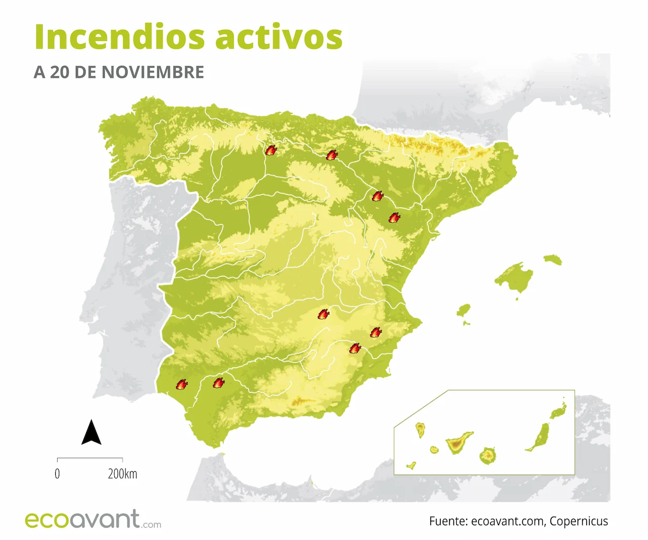 Mapa de los incendios forestales activos a 20 de noviembre de 2024 / Mapa: EA