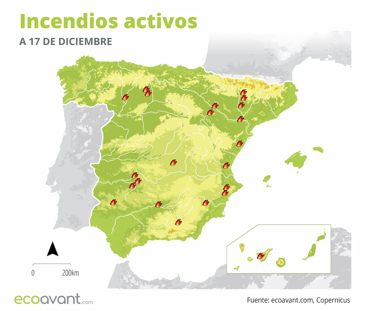 Mapa de los incendios forestales activos a 16 de diciembre de 2024 / Imagen: EA Mapa de los incendios forestales activos a 16 de diciembre de 2024 / Imagen: EA
