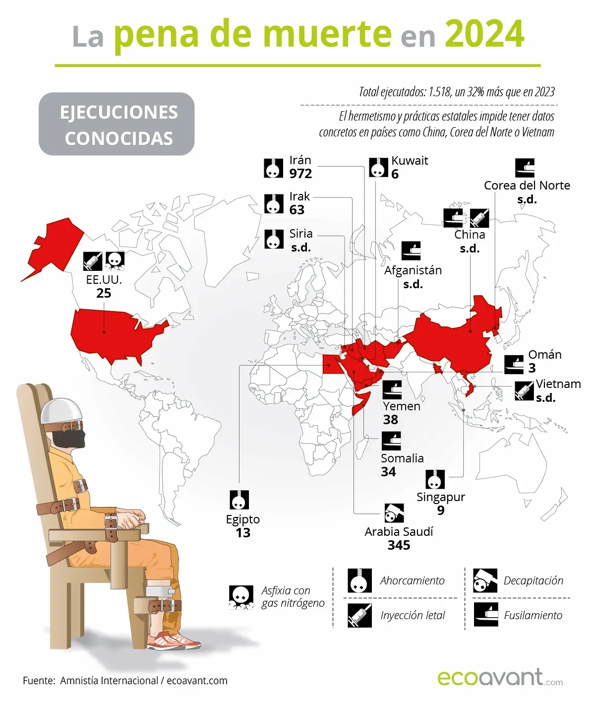 La pena de muerte en el mundo en 2024 / Mapa: EA