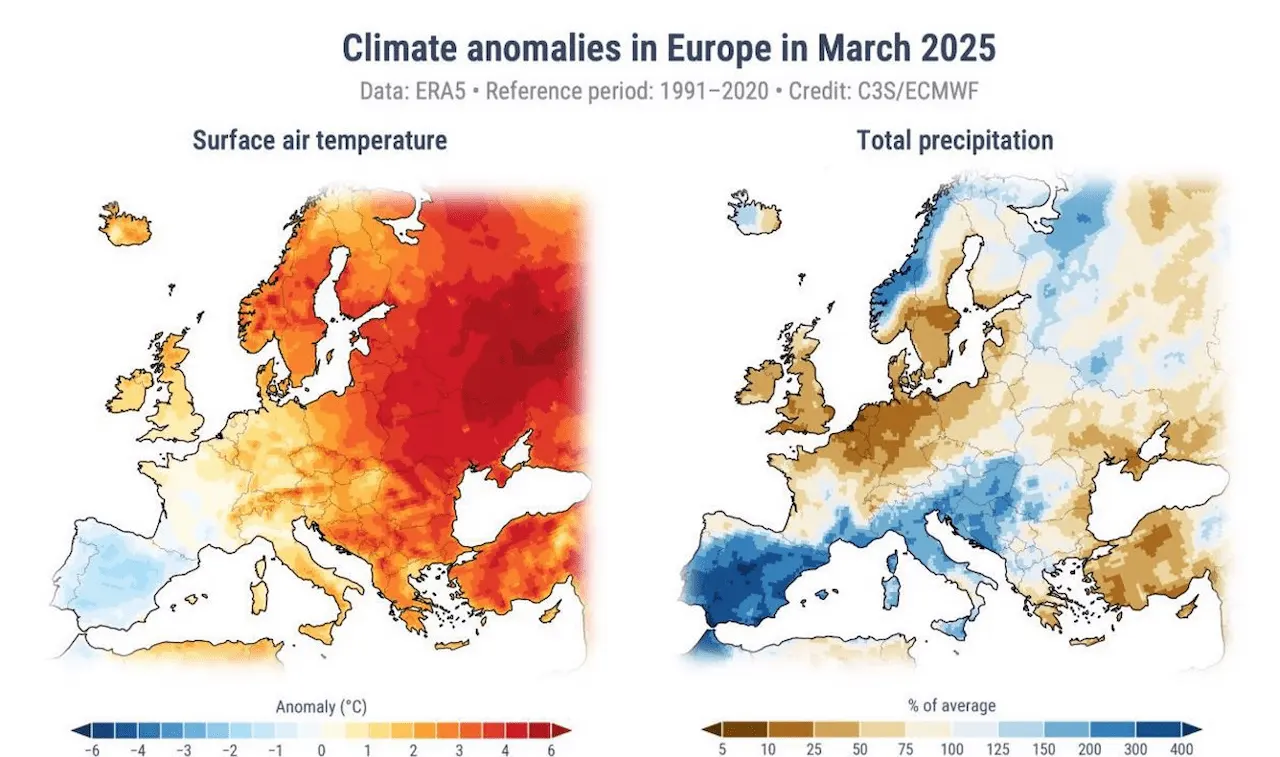 Anomalías climáticas en Europa en marzo de 2025. Temperatura del aire y precipitaciones / Imagen: C3S/ECMWF
