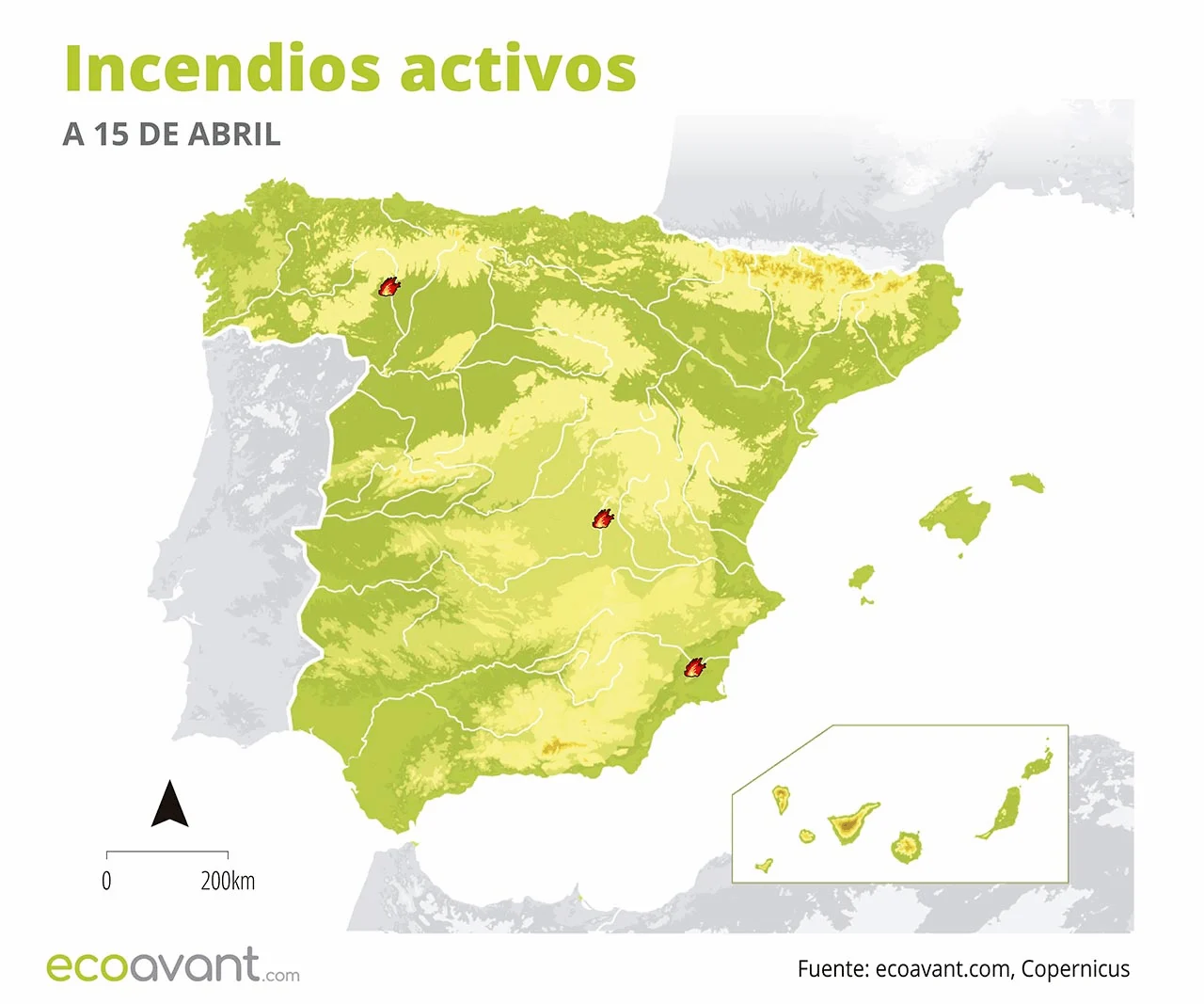Mapa de los incendios forestales activos a 15 de abril de 2025 / Mapa: EA