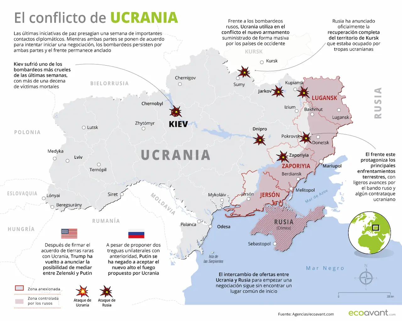 Situación de la guerra en Ucrania a 13 de mayo de 2025 / Mapa: EA Situación de la guerra en Ucrania a 13 de mayo de 2025 / Mapa: EA