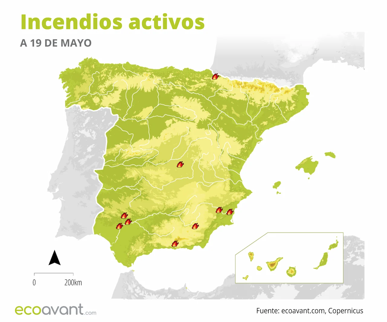 Mapa de los incendios forestales activos a 19 de mayo de 2025 / Imagen: EA