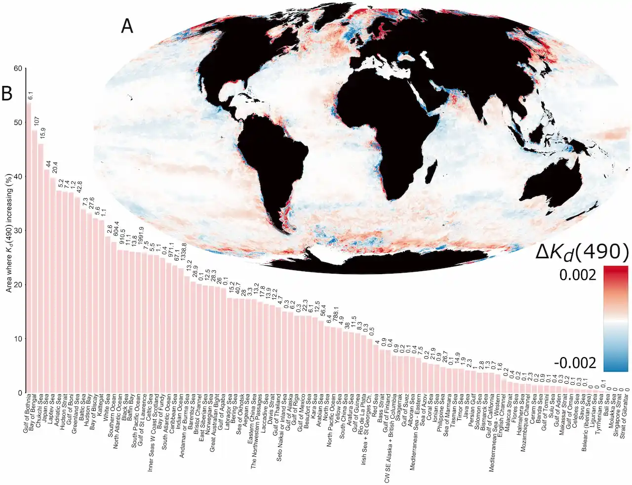 Las áreas rojas indican regiones donde los océanos se están oscureciendo / Imagen: Universidad de Plymouth