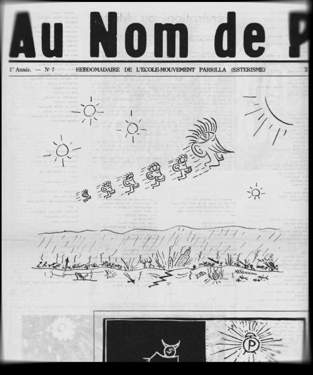 Se puede leer: "Semanario de la escuela movimiento Parrilla (Esterismo)". La imagen ilustra a los seguidores de José Parrilla, que lo acompañan en su ascenso hacia el universo, dejando atrás una sociedad decadente y apocalíptica / Imagen: Biblioteca Nacional de Uruguay Se puede leer: "Semanario de la escuela movimiento Parrilla (Esterismo)". La imagen ilustra a los seguidores de José Parrilla, que lo acompañan en su ascenso hacia el universo, dejando atrás una sociedad decadente y apocalíptica / Imagen: Biblioteca Nacional de Uruguay