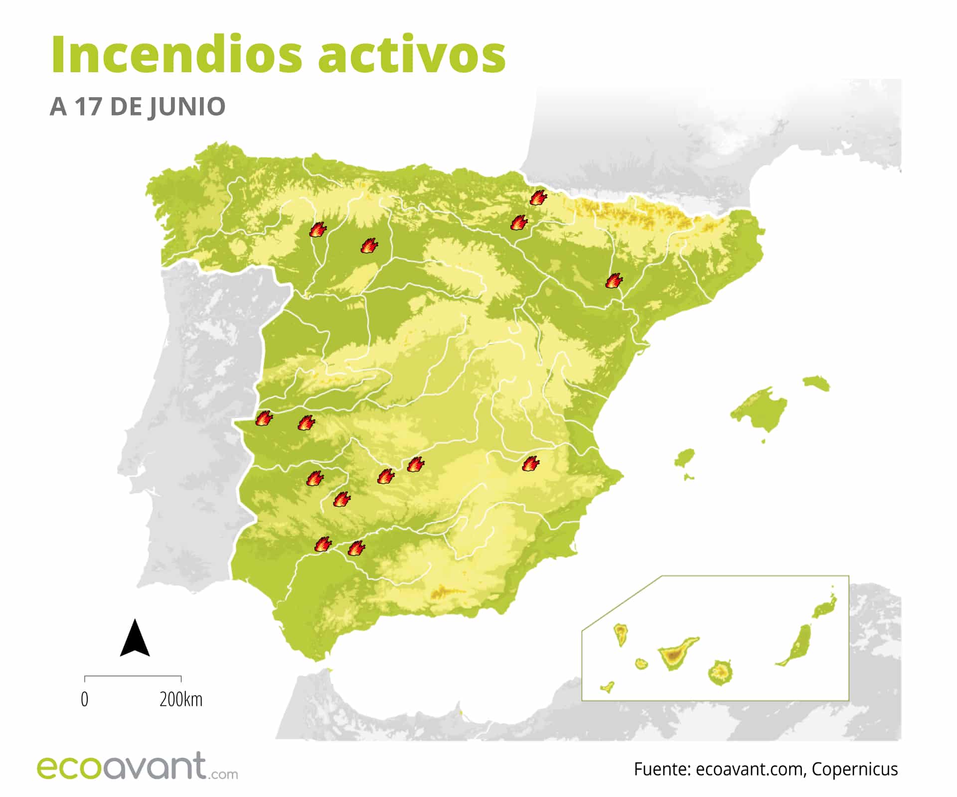 Mapa de los incendios forestales activos a 17 de junio de 2025 / Mapa: EA Mapa de los incendios forestales activos a 17 de junio de 2025 / Mapa: EA