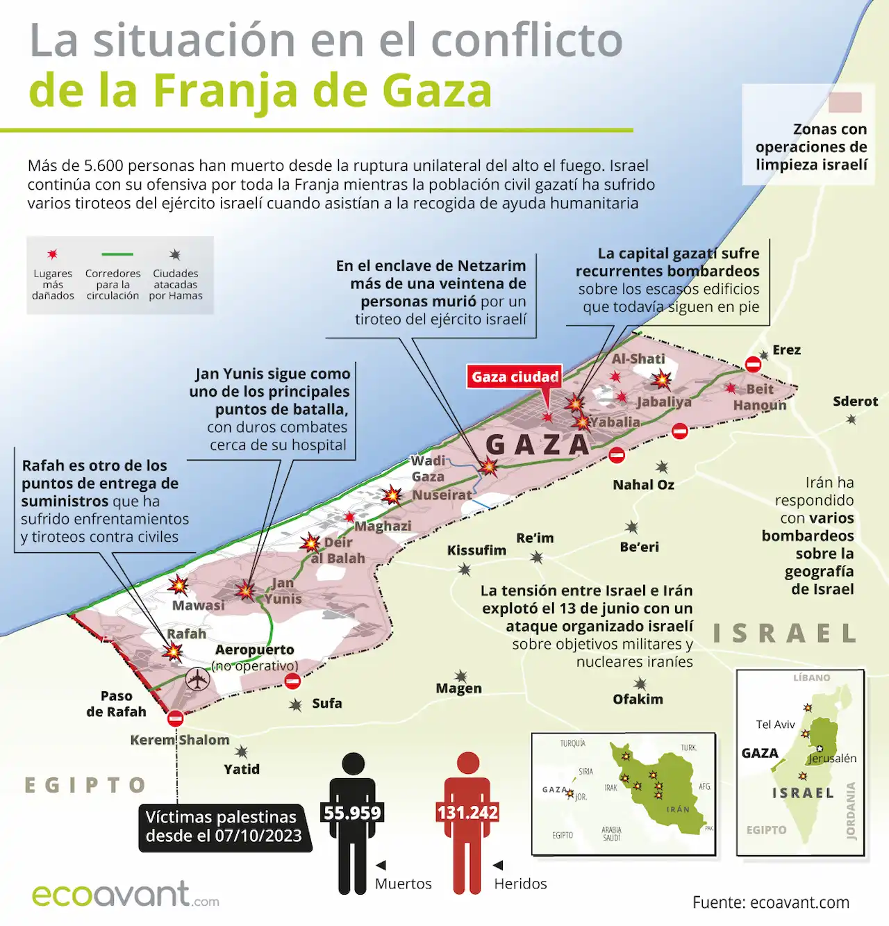 Mapa de la incursión militar de Israel en Gaza, actualizado al 24 de junio, con las zonas de combate, avance terrestre / Imagen: EA