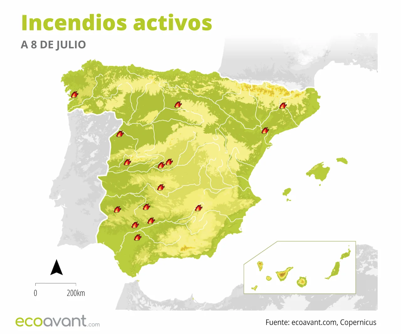 Mapa de los incendios forestales activos a 8 de julio de 2025 / Imagen: EA