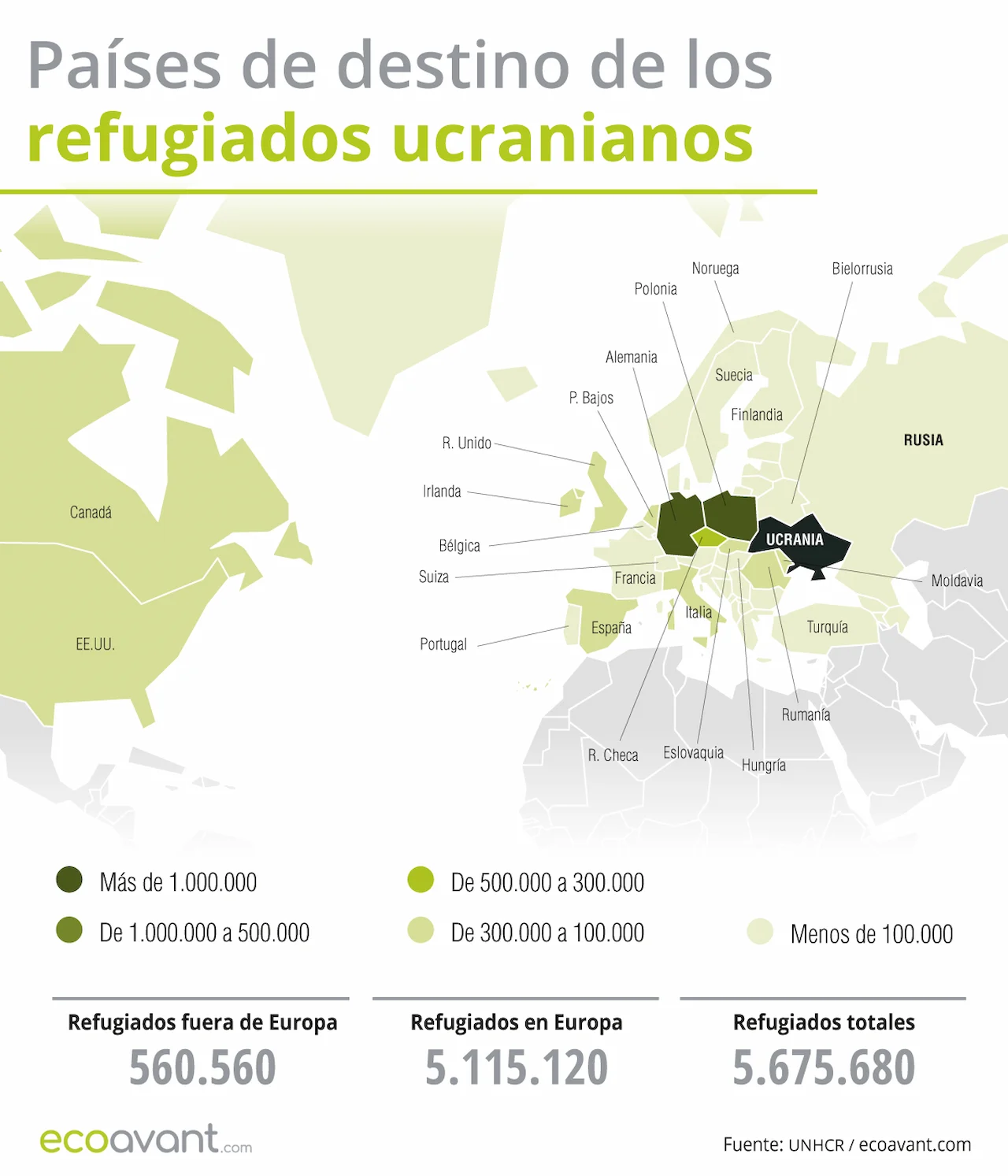 Países de destino de los refugiados ucranianos a 4 de agosto de 2025 / Mapa: EA