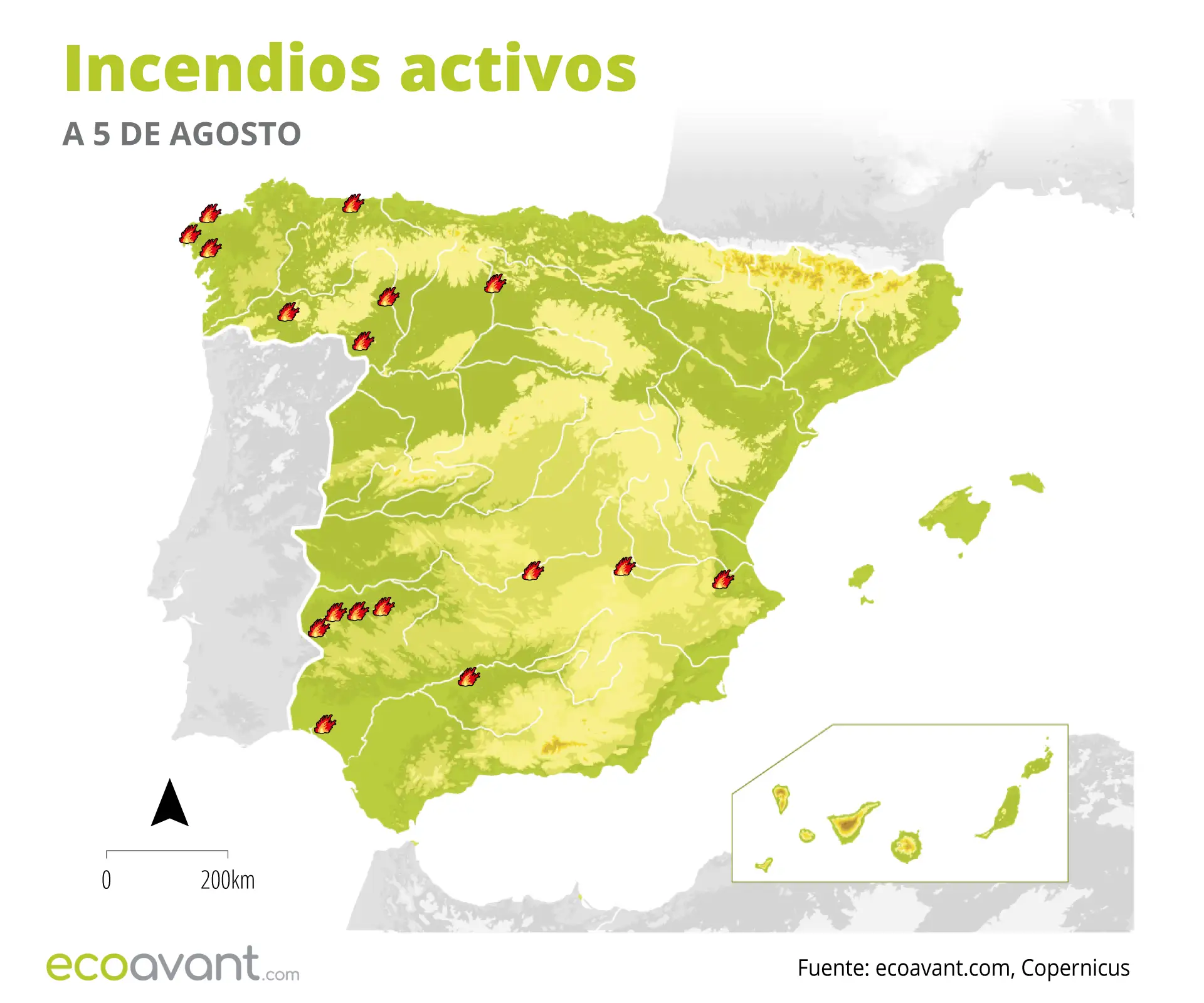 Mapa de los incendios forestales activos a 5 de agoto de 2025 / Imagen: EA