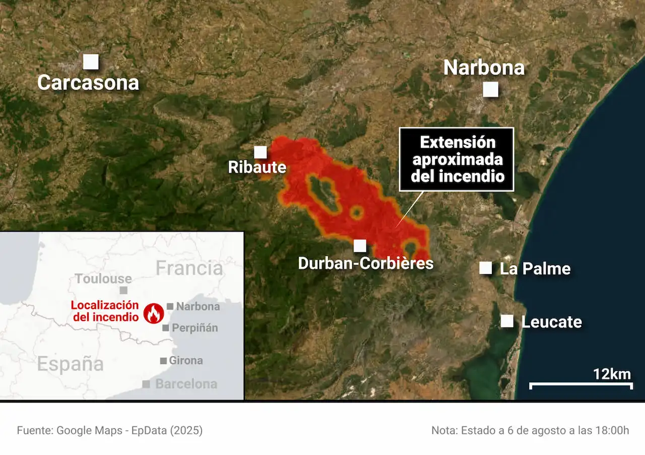 Mapa que muestra la extensión del incendio en el sur de Francia a 6 de agoto a las 18.00 horas / Imagen: EP