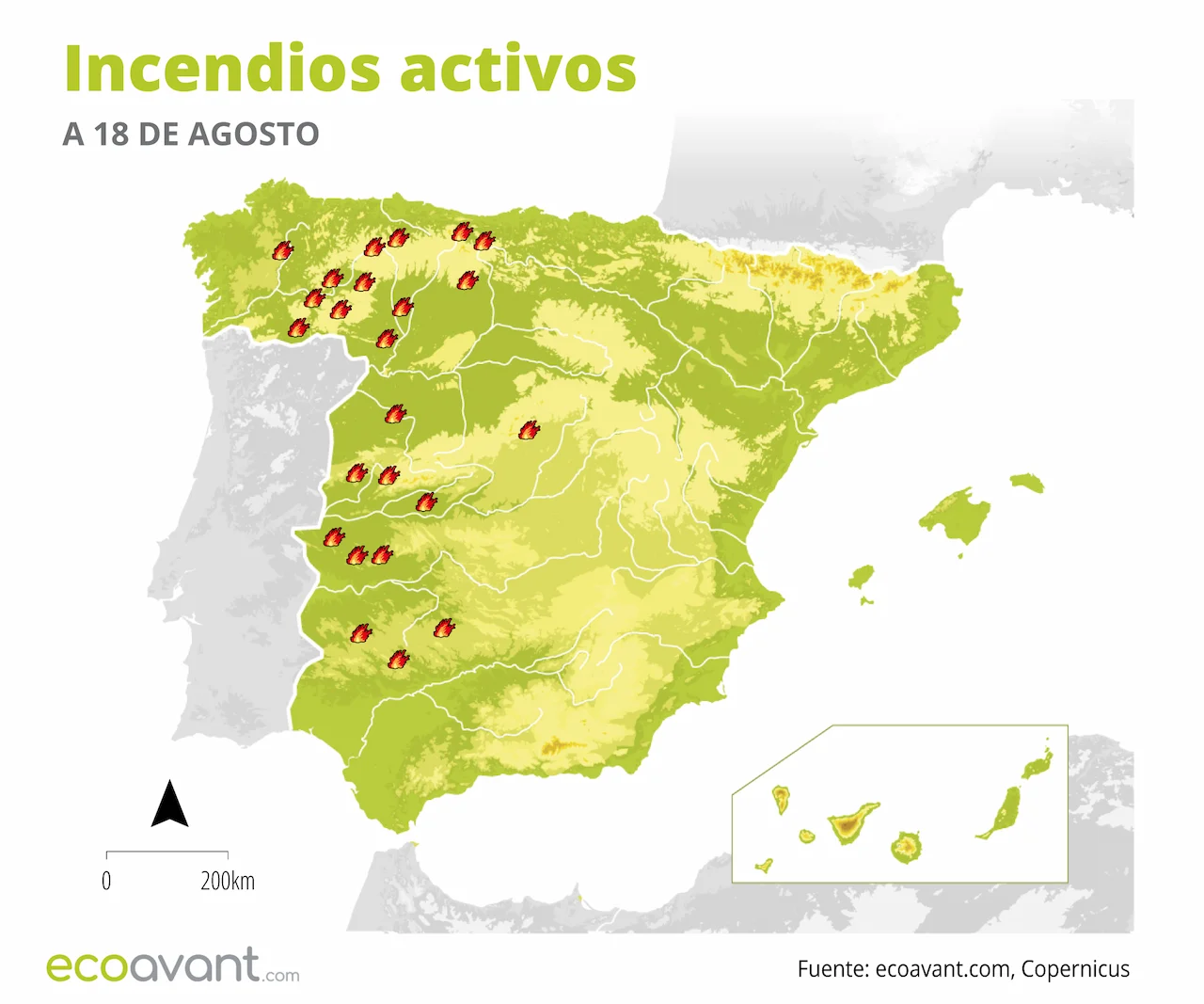 Mapa de los incendios forestales activos a 18 de agosto de 2025 / Imagen: EA