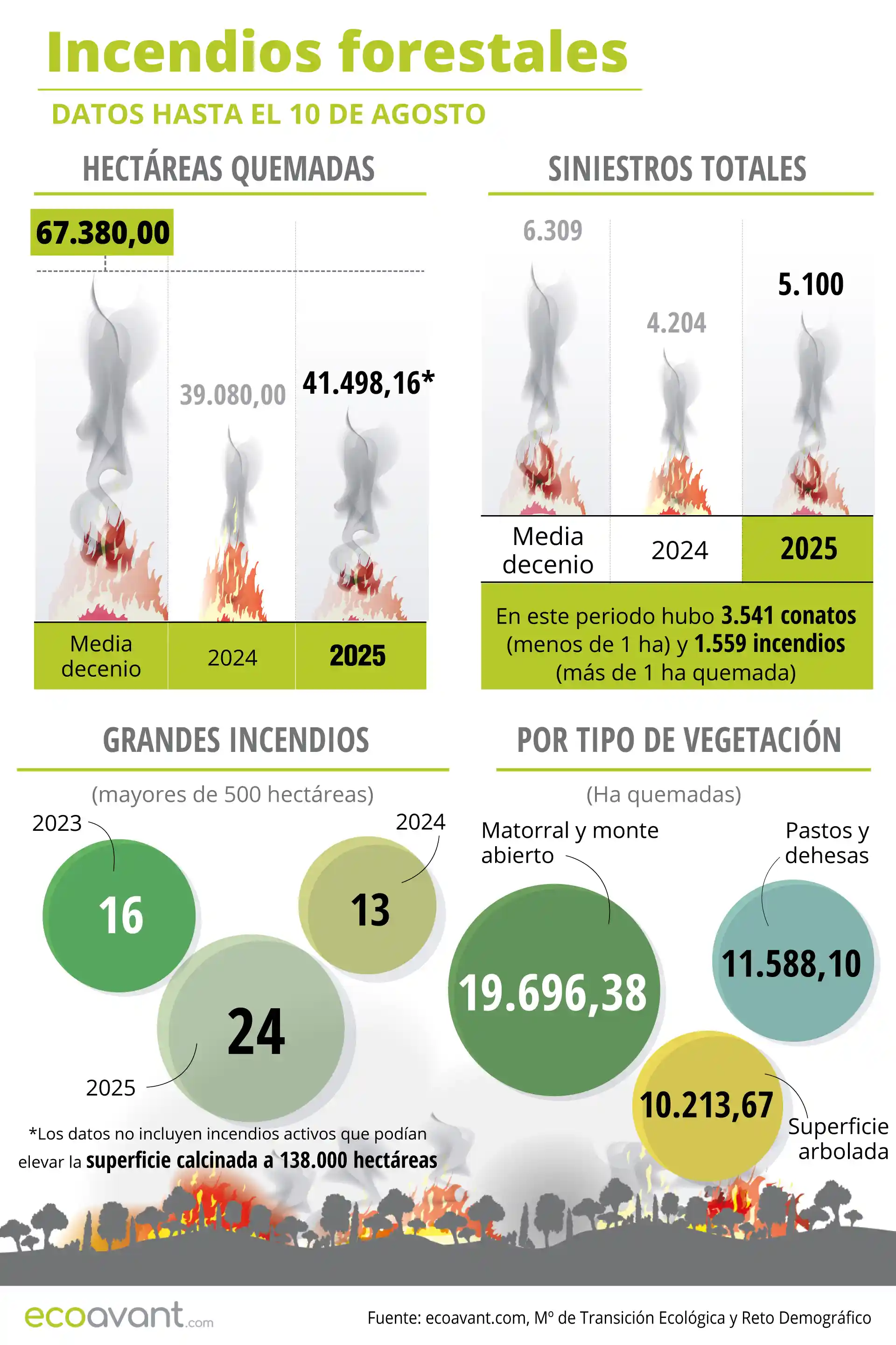 Incendios forestales en España en datos hasta el 10 de agosto de 2025 / Infografía: EA