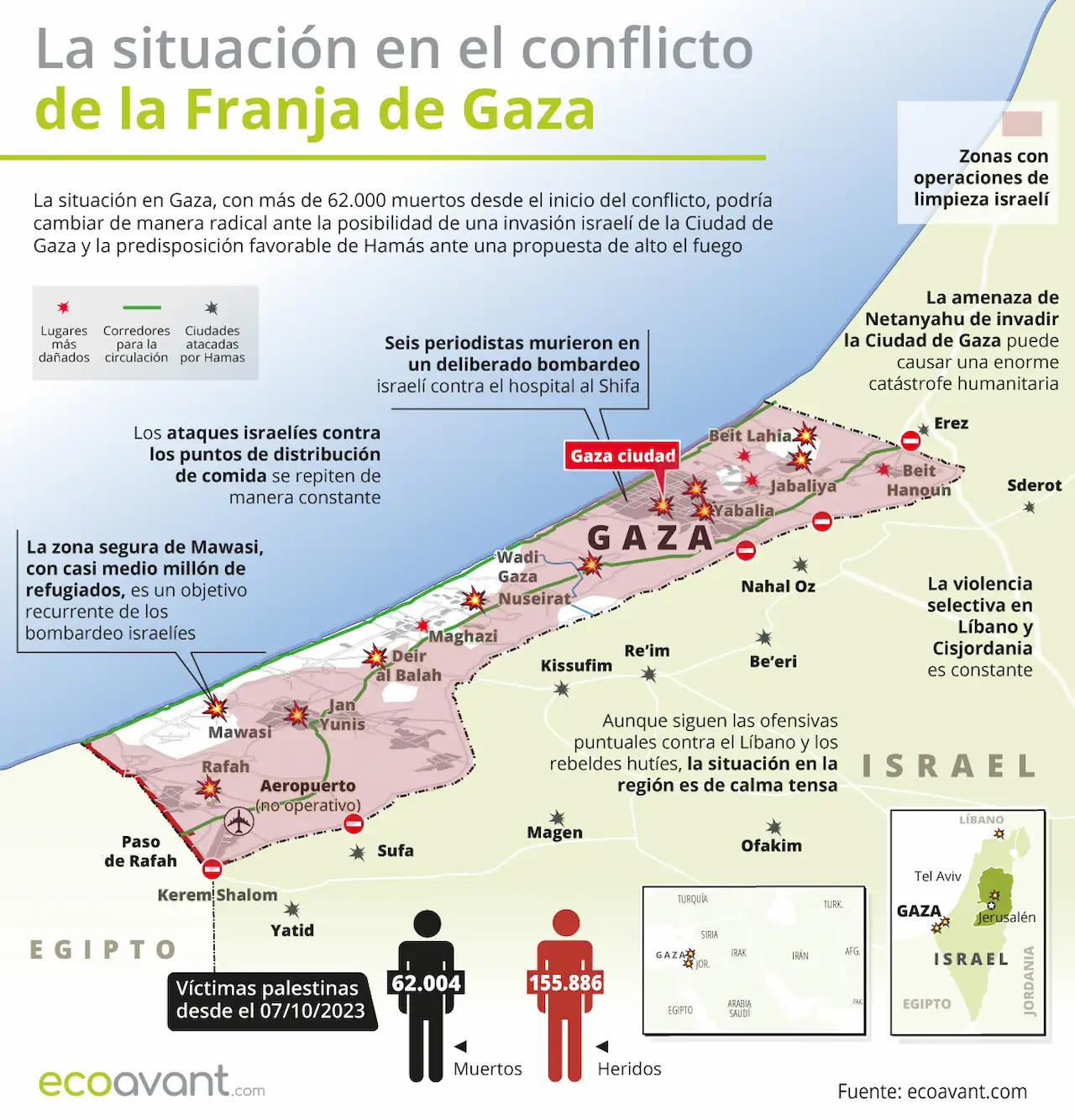 Mapa de la incursión militar de Israel en Gaza, actualizado a 19 de agosto, con las zonas de combate, avance terrestre / Imagen: EA