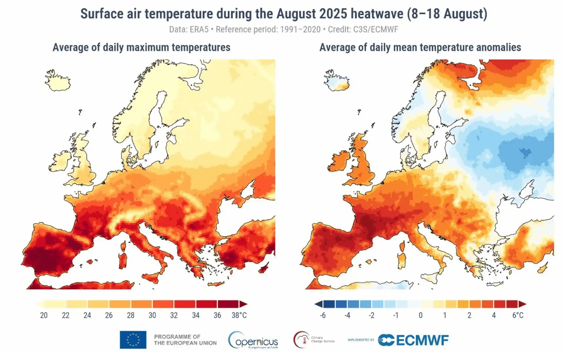 Izquierda: temperatura máxima diaria promedio del aire (8 - 18 agosto 2025). Derecha: anomalías respecto al promedio 1991 - 2020 en el mismo período / Imagen: Copernicus
