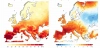 Izquierda: temperatura máxima diaria promedio del aire (8 - 18 agosto 2025). Derecha: anomalías respecto al promedio 1991 - 2020 en el mismo período / Imagen: Copernicus
