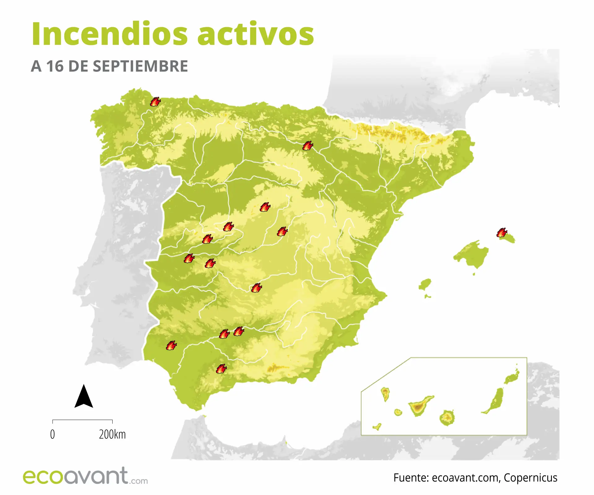 Mapa de los incendios forestales activos a 16 de septiembre de 2025 / Imagen: EA