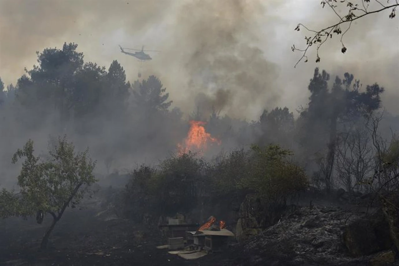 La ola de incendios calcinó Galicia en 2025. Helicóptero trata de extinguir un incendio / Foto: EP