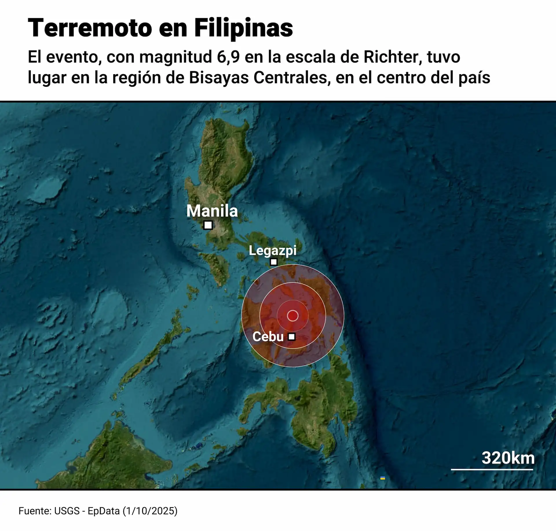 Mapa del terremoto de magnitud 6,9 en la escala Richter en Filipinas / Imagen: EP