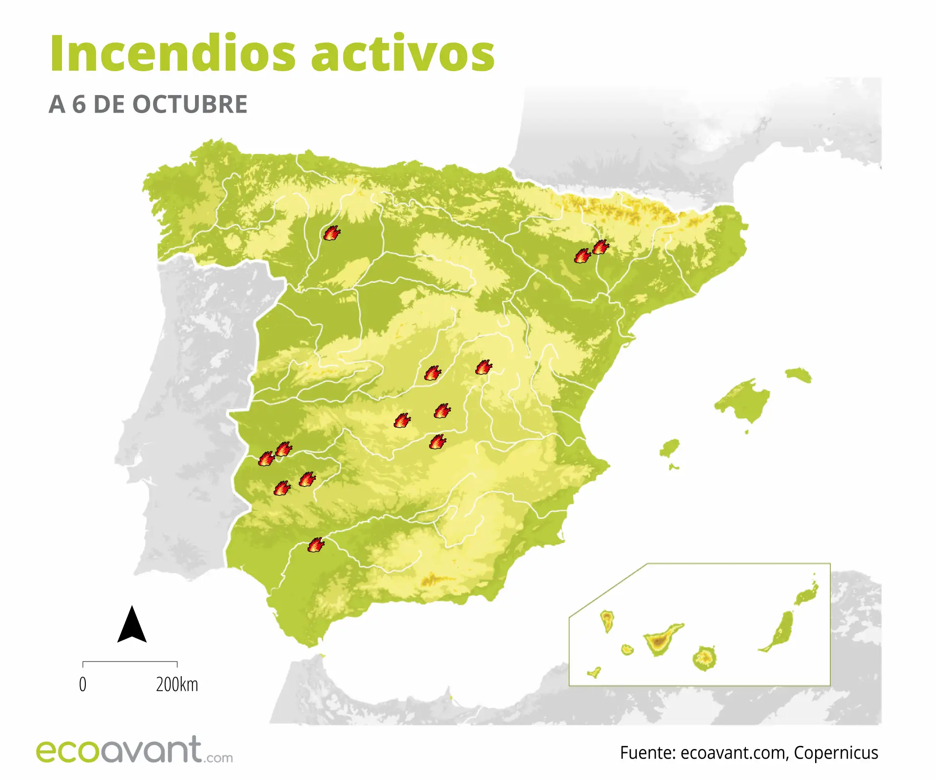 Mapa de los incendios forestales activos a 6 de octubre de 2025 / Foto: Imagen: EA