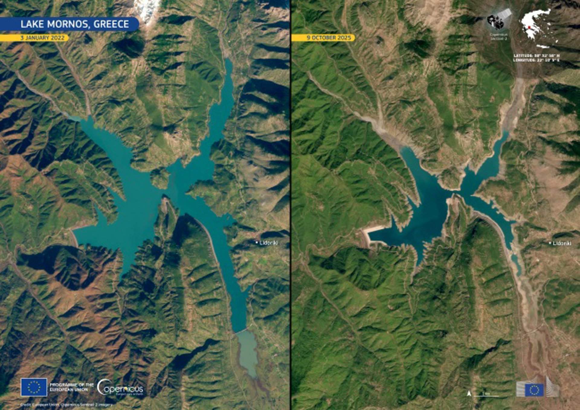 El impacto de la sequía en el lago Mornos (Grecia) / Foto: Copernicus Sentinel-2